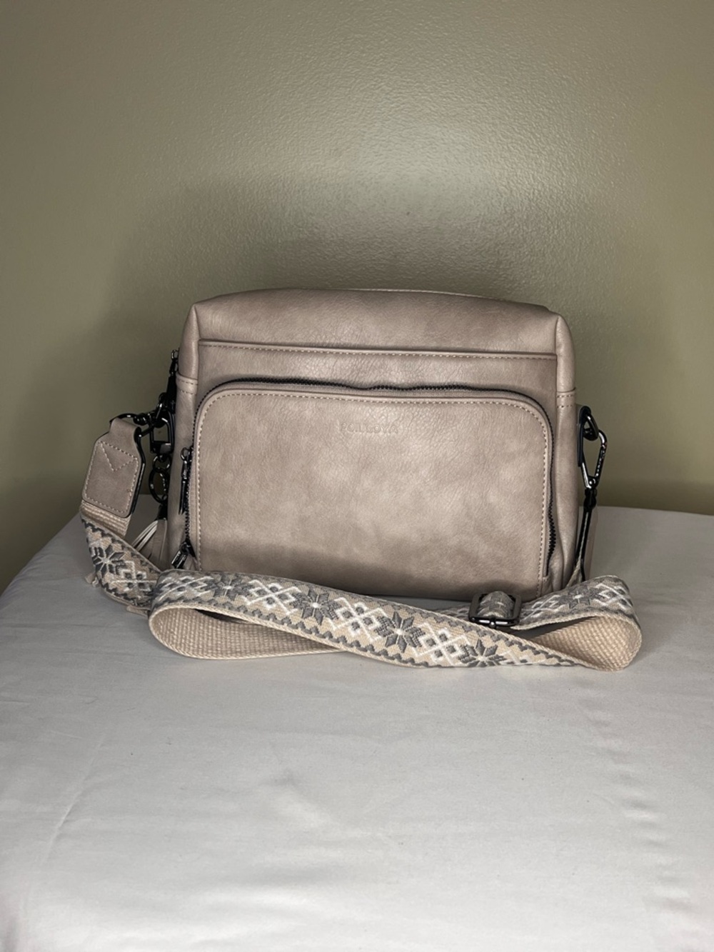 Structured Crossbody Bag in Taupe with Patterned Strap